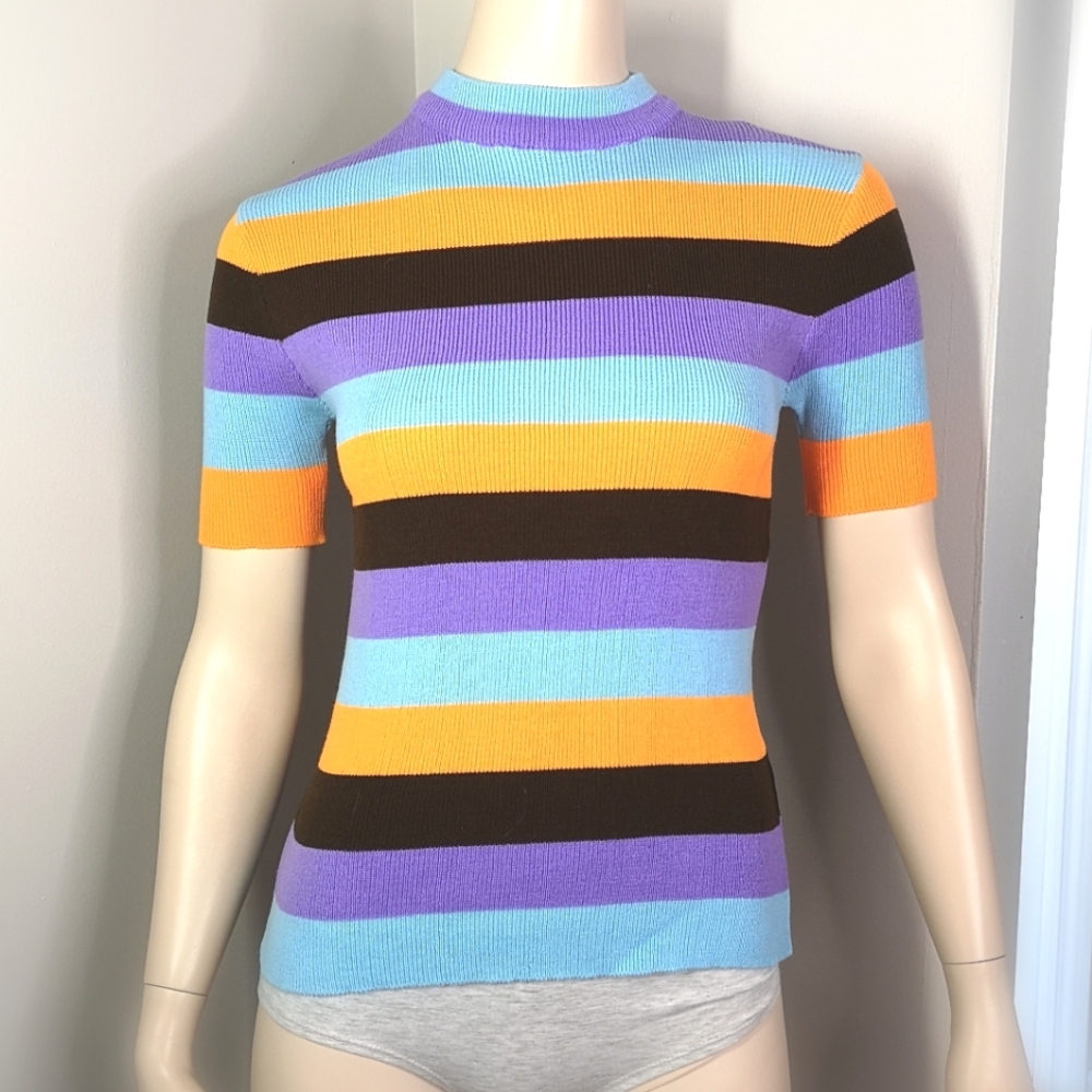 Vintage Primstyle Sweater Ribbed Mock Neck Zip Back Korean Made Retro 70s Small